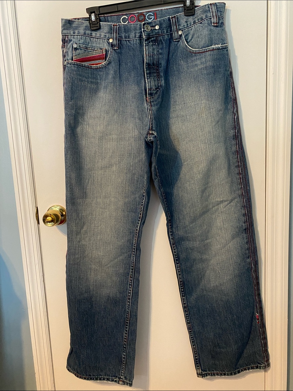 COOGI Men's Distressed Blue Denim Jeans with Red Trim